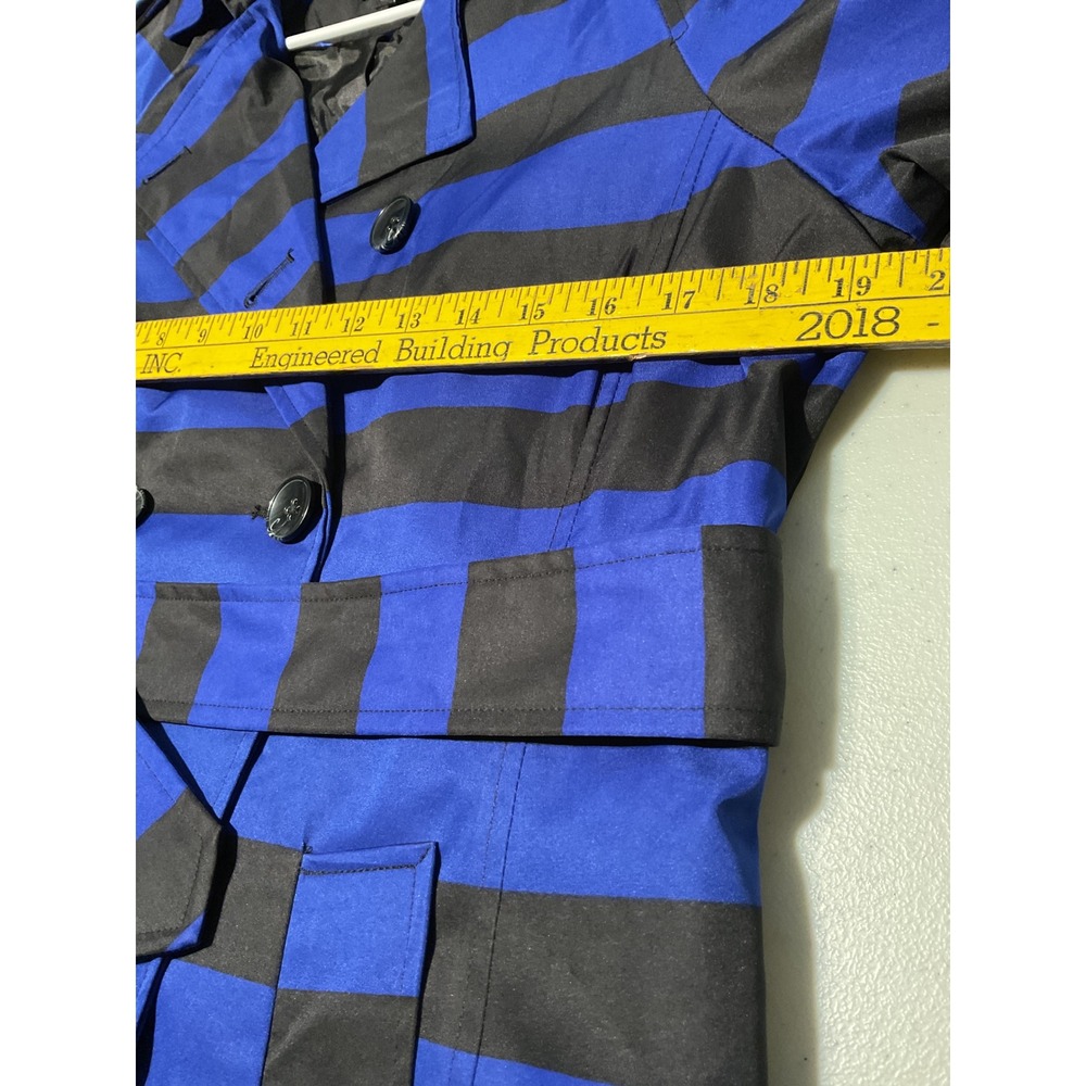 Cynthia Rowley Blue Black Stripe Trench Coat Women's Size L Double Breasted - Picture 4 of 9
